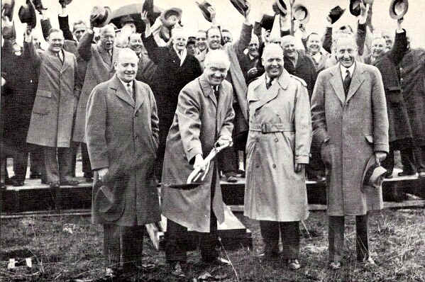 Ground-breakers were contractor Culhane of the Wilmington Construction Company, Leo Kirk of FHA, Mayor Clifford Peoples and banker Percy H. Madeira, as Highland Gardens was officially begun.  Photo from The Delaware County Advocate, April 1942