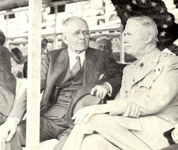 John G. Pew, president of Sun Shipbuilding and Drydock Company chats with Lt. General Brehon Burke Somervell, commander of U. S. Supply Services, as they watch the drilling - Photo from The Delaware County Advocate, June 1942