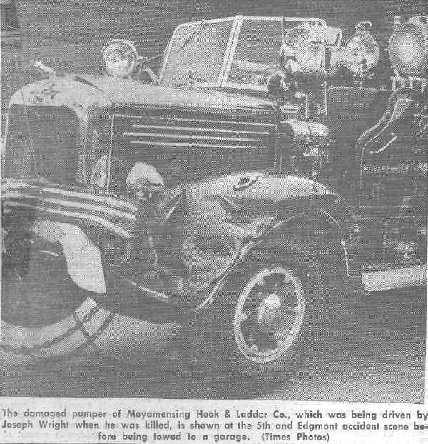Moyamensing Hook & Ladder Pumper; Photo from the Chester Times, August 27,  1955, courtesy of William H. Crystle, 3rd