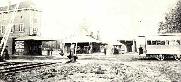 About 1890, when the B. & O. station at Twelfth and Edgmont in Chester was still new, folks made the trip from there to Market Square by horse-car (just starting off at right). Across the tracks behind that fence was one of the baseball parks. - Photo from The Delaware County Advocate, April 1942