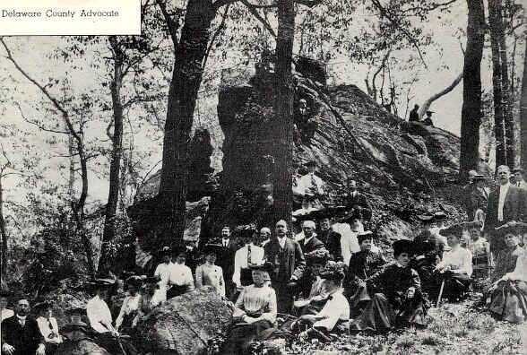 Castle Rock on the West Chester Pike was a favorite picnic place just after 1900. This is said to be a Geographical Society outing, date unknown.  - Photo from The Delaware County Adovcate, April 1942
